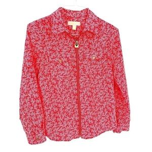 MICHAEL Michael Kors Printed Pebble Crepe Short Roll-Tab Sleeve Zip Front Top